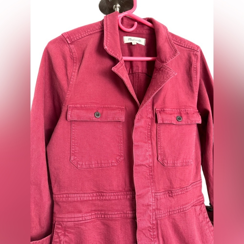 Madewell burgundy dyed denim straight leg overall long sleeve jumpsuit - Picture 5 of 10